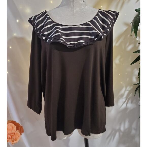 Lauren Ralph Lauren Tops - Lauren Ralph Lauren Stripe Satin Ruffle Neck 3/4 Sleeve Blouse Plus 2X Brown Top
